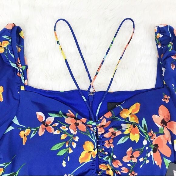 GUESS‎ Blue Floral Cutout Bodycon Dress Long Sleeve Knee Length Slit Size 10 New - Picture 5 of 13